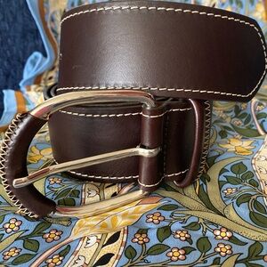 Wide, dark, brown, leather belt, contrast stitching 30-34”